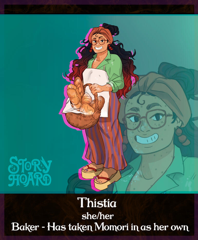 Thistia - A welcoming woman covered in spots of flour and holding a basket of various breads.