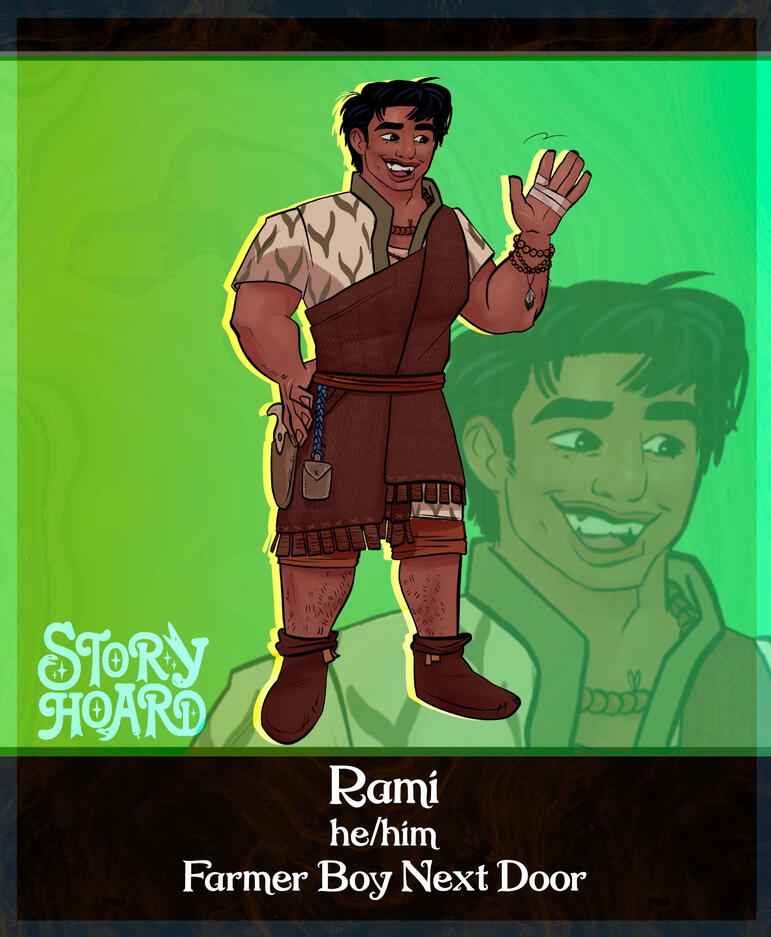 Rami - A brown skinned young man with the muscular build of a field worker. His short dark hair hangs loose on his forehead. Despite the bandages on his hand, there is a huge smile on his face.