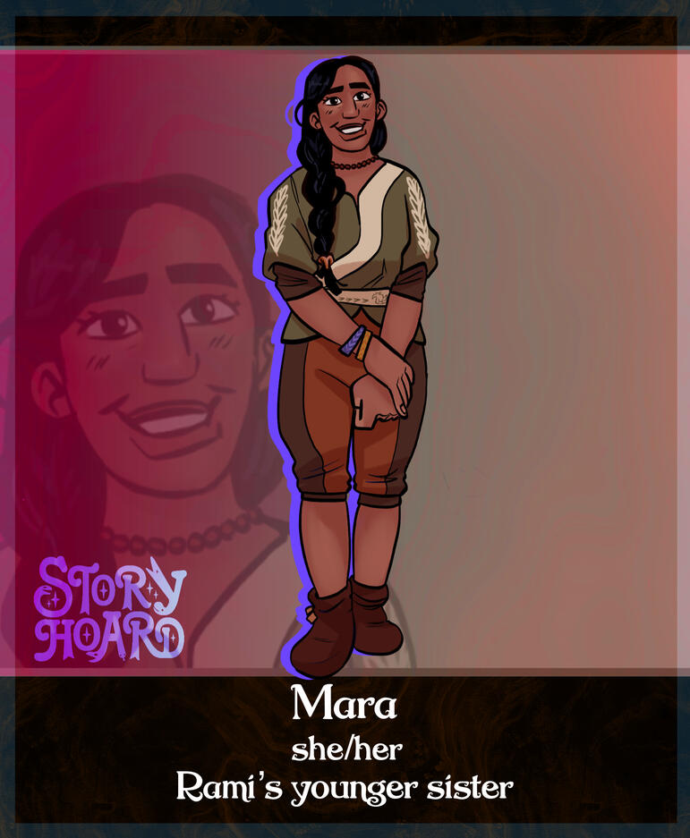 Mara - A polite teenager with brown skin and a long dark braid. Wears the same style of modest outfit as her older brother, Rami.