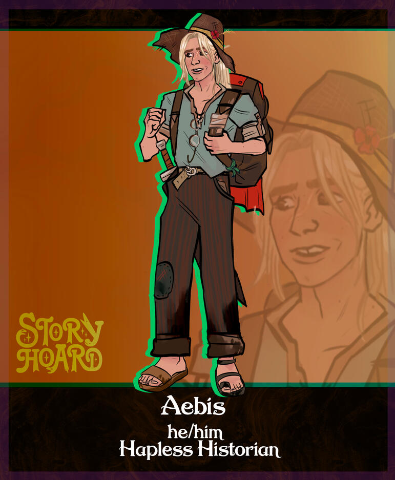 Aebis - A tall blonde skinny man with mismatched clothes. A scar goes across his nose. A red banner hangs off his huge backpack.