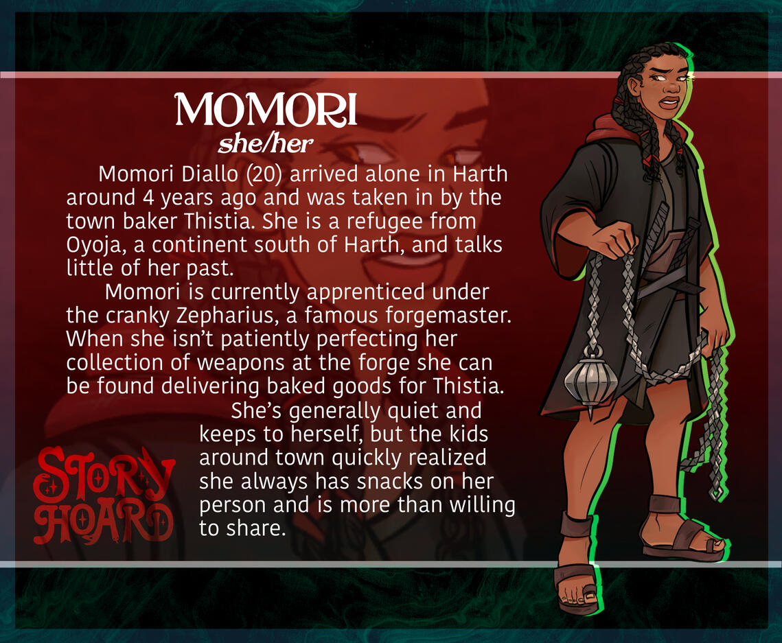 Momori - A tall brown skinned young woman with long tight braided hair. She holds the harsh metal chain of her meteor hammer. Several other weapons are partially concealed by her dark hooded robe.