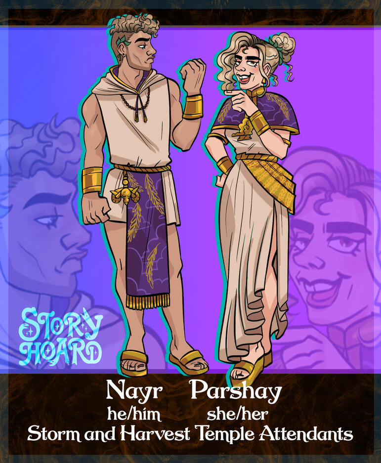 Nayr & Parshay - Young adult siblings with fair hair and skin. Nayr is muscular and wearing a temple uniform with cut off sleeves and shortened tunic. Parshay wears her temple uniform with a long slit down the leg of the dress.