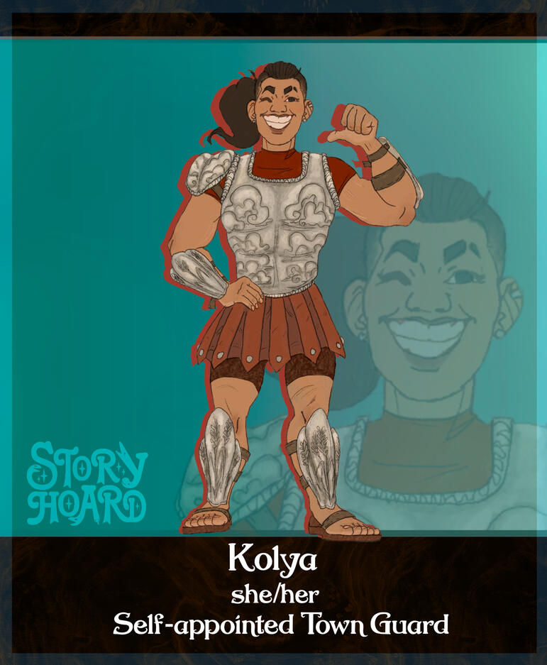 Kolya - A tall muscular woman with a friendly smile. Her matching silver armor set has cloud and wheat imagery to tie her to her town of Harth.